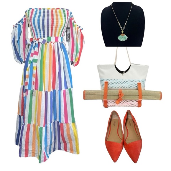 NWT NY & Co. Multi Striped Off the Shoulder Midi Dress sz S - Picture 10 of 13